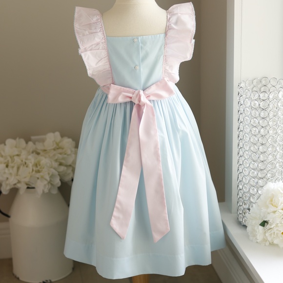 Pinafore Dress Aqua Blue Pink Hand Embroidered Boutique tea Party Size 5 NWOT - Picture 5 of 6
